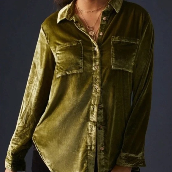 Pilcro Anthropologie Green Velvet Button Down Shirt Women’s Small - Picture 1 of 11